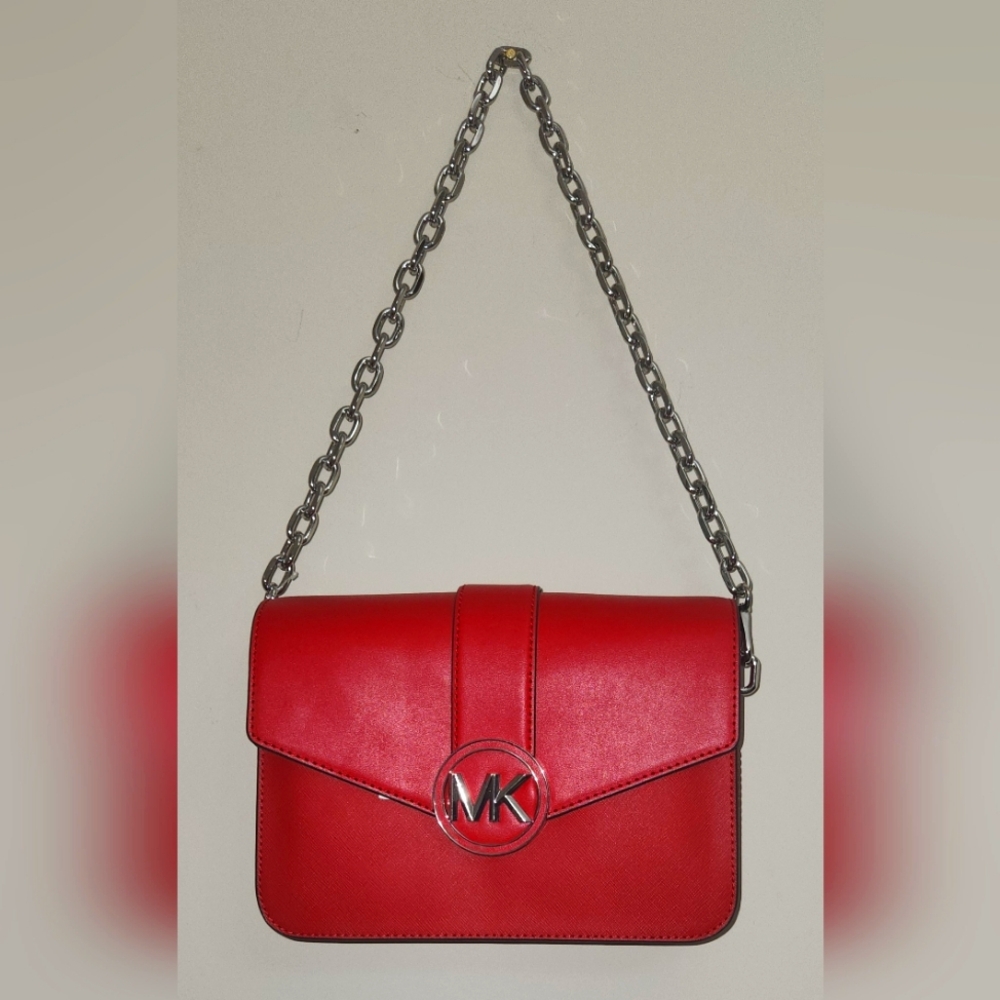 Michael Kors NWT Carmen Medium Convertible Shoulder Bag Bright Red with Silver